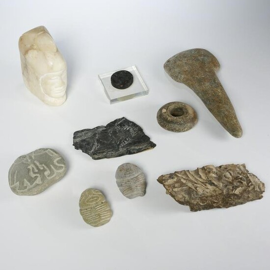 Group (9) carved stone objects and fossils