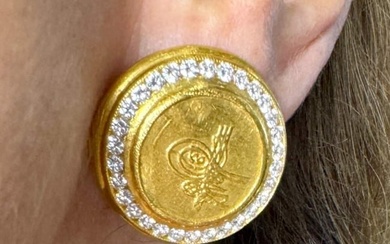 HILAT 22K Yellow Gold Ottoman-era Gold Coin Diamond Earrings