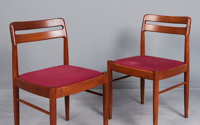 H.W. KLEIN. Bramin, two chairs/dining room chair, teak, fabric, 1960s, Denmark (2).