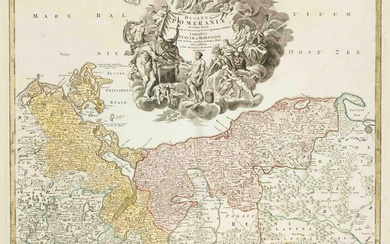 Historical map of Pomerania, ''Ducatus Pomeraniae...'', part col. copper engraving by Homann in