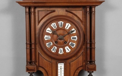 Horloge avec station météo France, vers 1880, boîtier en noyer massif, façade avec baromètre et...