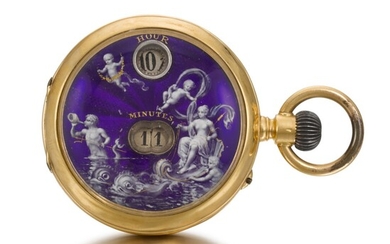 INTERNATIONAL WATCH CO.| RETAILED BY HAMILTON & CO., CALCUTTA: A GOLD AND ENAMEL DIGITAL DIAL WATCH WITH JUMPING HOURS AND MINUTES CIRCA 1885, MOVEMENT NO. 9339, CASE NO. 25257 'PALLWEBER'