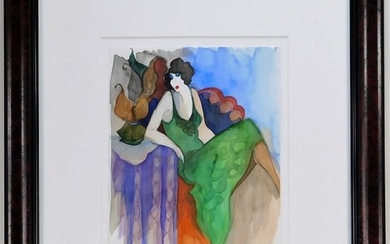Itzchak Tarkay Woman in Green Watercolor Painting
