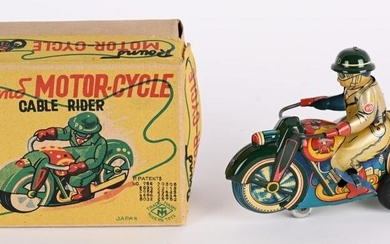 JAPAN TIN WINDUP MOTOR-CYCLE CABLE RIDER w/ BOX