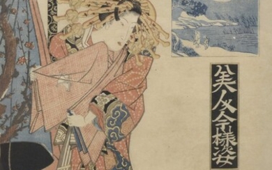 JAPON, Kitagawa Sencho (actif à partir de 1835, JP), "Bijin debout, montrant des étoffes". Estampe japonaise