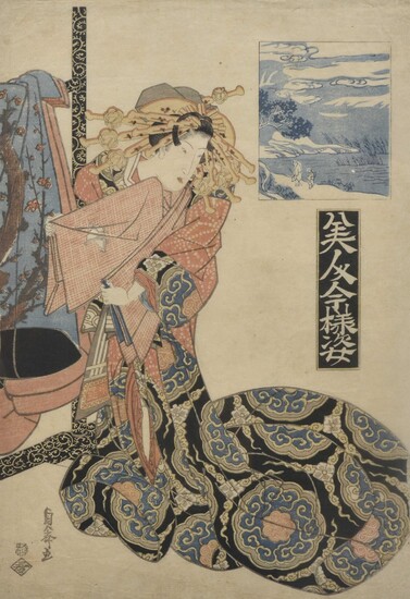 JAPON, Kitagawa Sencho (actif à partir de 1835, JP), "Bijin debout, montrant des étoffes". Estampe japonaise