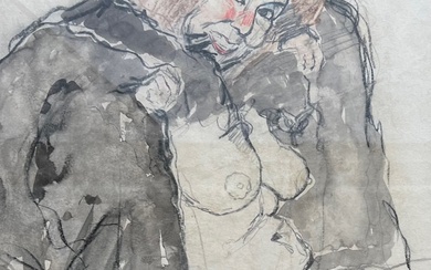 JOHN BRATBY R.A. (BRITISH, 1928-1992) WATERCOLOUR AND CHALK NUDE...
