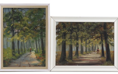 Jan Kelderman (1914-1990), 2 olieverfschilderijtjes, bosgezichten, achterzijde notitie Garderen, afmetingen...