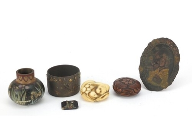 Japanese objects including an ivory toggle, mixed metal napk...