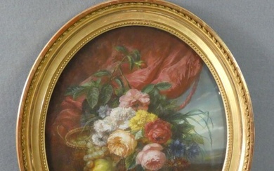 Jules Antoine PELLETIER (XIXème), "Nature morte aux fleurs et aux fruits", Dessin au pastel en...