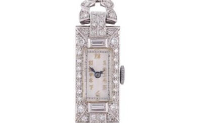 KENWELL, LADY'S PRECIOUS WHITE METAL AND DIAMOND COCKTAIL WATCH