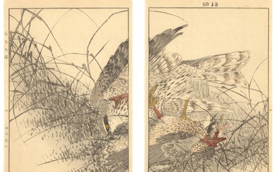 Keinen (1845-1924). (Hawk hunting a Wild Duck). Col. woodcut diptych,...