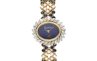 Kutchinsky 'Khanjar' | A yellow gold, diamond and sapphire-set oval shaped bracelet watch with enamel dial, Circa 1985