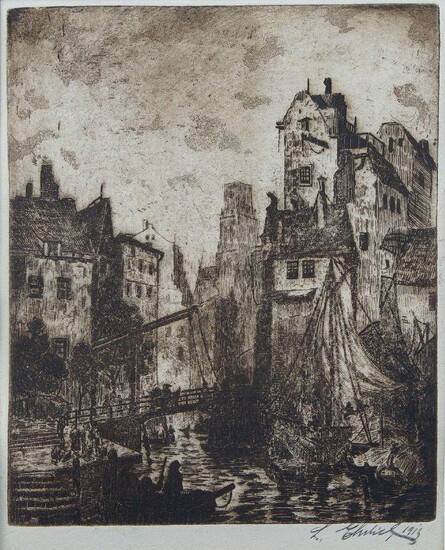 L. Ehrlich, European 20th Century- Untitled Harbour town, 1913; etching on laid, signed and dated in pencil, plate 19.5 x 16cm (framed)
