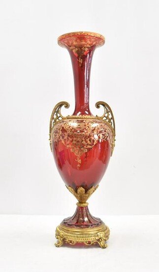 LARGE MOSER STYLE BRONZE MOUNTED GLASS FLOOR VASE