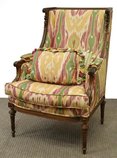 LOUIS XVI STYLE CARVED BERGERE UPHOLSTERED CHAIR