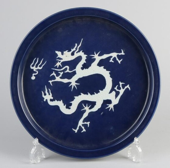Large Chinese porcelain tablet with blue glaze and