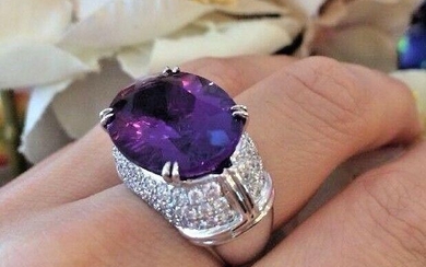 Large Oval Amethyst and Pave Diamond Ring in 18k White
