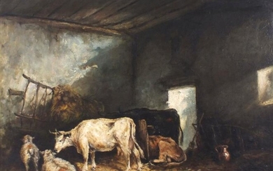 Late 19th Century Continental School Cattle in a Barn,...
