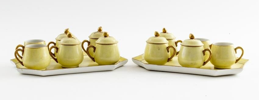 Limoges Tea Cups with Lids and Matching Trays, 13