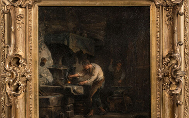 Lot 60 Charles Emile JACQUE (Paris 1813 - 1894)." Le forgeron". Toile d'origine (Ottoz) signée en bas à gauche. 42 x 33 cm. RM