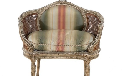 Louis XVI Style Painted Carved Wood and Caned Low-Back Armchair