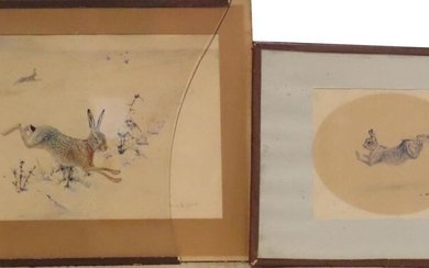 MÉRITE Edouard (1867 - 1941) « Le lapin » et « Le lièvre » 2 aquarelles signées - ovale: 10x14 et 15x24