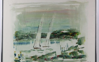 MODERN WATERCOLOR SAILBOAT STUDY SIGNED, ILLEGIBLE