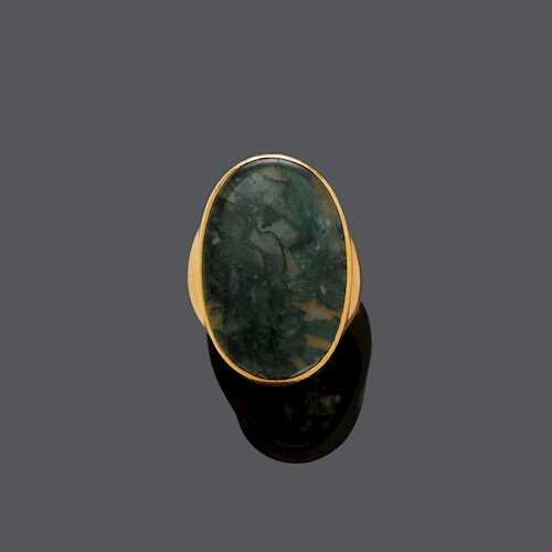 MOSS AGATE AND GOLD MEN'S RING.