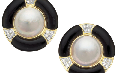 Mabe Pearl, Diamond, Black Onyx, Gold Earrings Stones: Full-cut...
