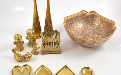 Macau bowl, pair of brass spill vases with copper outlines and other decorative brassware.