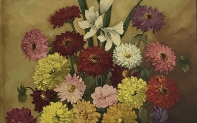 Magdalene Vahl, Canadian School, 20th century, oil on canvas - still life entitled Zinnias and Marigolds, signed, in gilt frame
