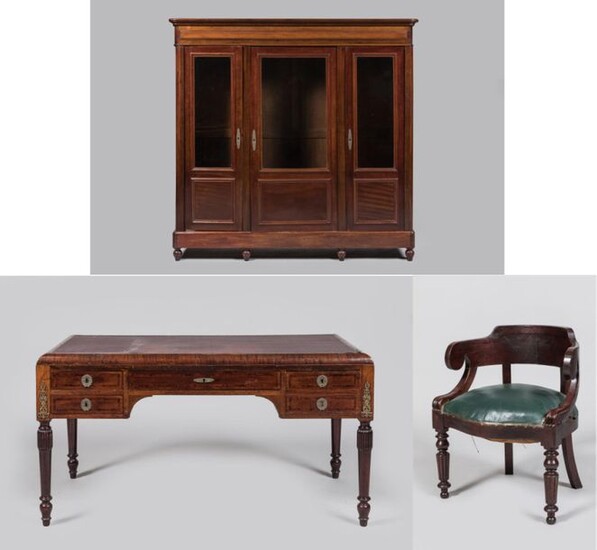Mahogany and mahogany veneer desk set including a bookcase opening...