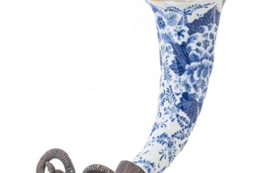 Maitland-Smith (British) Bronze Ram's Head & Blue & White Porcelain Cornucopia Vase, H 12.5" W 5.5"