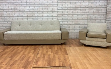 Mid Century Deco Convertible Daybed Sofa & Club Chair Set Newly Upholstered in a Boucle and Leather