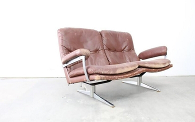 Mid-Century Modern Chrome Brown Leather Loveseat & Sofa