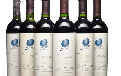 Mixed Opus One, Opus One 1986 Slightly oxidized capsule Level base of neck (1) 1987 Slightly oxidized capsule Level top shoulder (1) 1991 Level into neck (1) 1993 Level into neck (1) 1995 One slightly scuffed label Levels into neck (2) 1996 Levels...