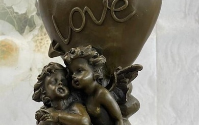Moreau Inspired Romantic Cherubim Heart Bronze Sculpture On Marble Base - 9" x 6"