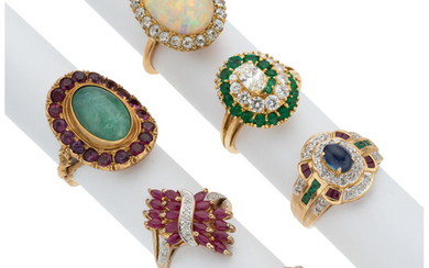 Multi-Stone, Diamond, Gold Rings The lot includes six rings:...