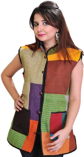 Multi colored Patchwork Reversible Jacket from Pilkhuwa with Front Pockets and Bagdoo Print