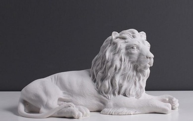 Muscular Lying Lion White Carrara Marble Sculpture - (4.2lbs)