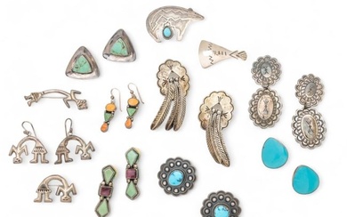 Native American Sterling Silver & Stone Earrings & Brooches, H 1.5" W 0.25" 4.17t oz 12 pcs