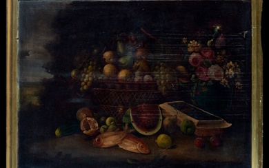 Nature morte italienne baroque de poissons et de fruits du 18e siècle Huile sur toile,...