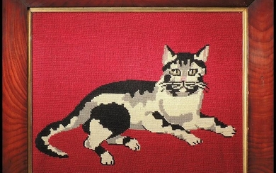 Needlepoint Of A Black & White Tabby Cat
