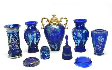 Nine Fenton Favrene Glass Blue Acid-Etched Vases &