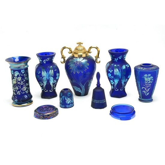 Nine Fenton Favrene Glass Blue Acid-Etched Vases &