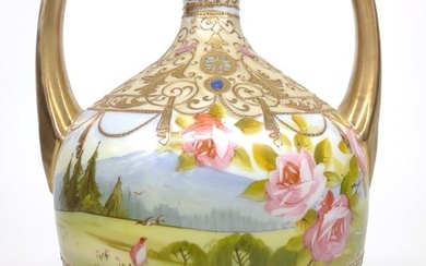 Nippon Pink Rose Mountain Scene Porcelain Vase