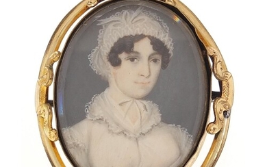 Oval hand painted portrait miniature of a female in Georgian...