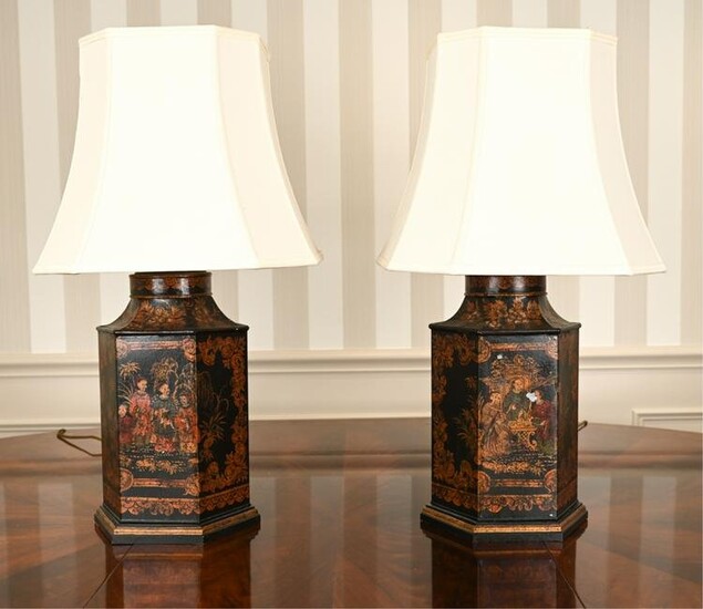 PAIR CHINOISERIE TOLE PAINTED LAMPS