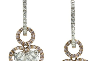 PAIR OF 18CT PINK AND WHITE GOLD, COLOURED DIAMOND AND DIAMOND 'QUEEN'S HEART' PENDANT EARRINGS Accompanied by an IGI report numbere